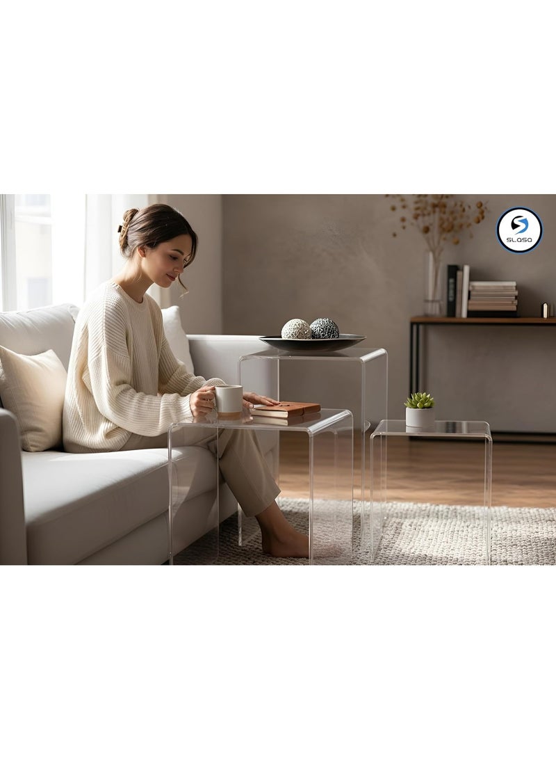 سلاسة Set of 3 Large Clear Acrylic Nesting Tables - 6mm Modern Stackable Coffee, End & Side Table Set - Space-Saving Transparent Design - Sleek & Durable - Sizes: 45cm, 40cm, 35cm - Image 3